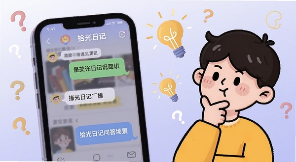 拾光日记问答场景插画，画面左侧是一部手机显示问答对话框，右侧是一个卡通人物托腮思考，背景是浅紫色渐变，点缀着问号和灯泡图标，整体风格轻松活泼