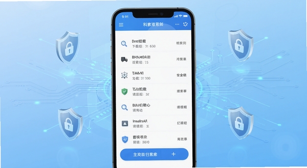 科索顿软件主界面全貌展示,画面中心为手机屏幕内显示下载列表与功能按钮,背景为浅蓝色科技感渐变,四周点缀数据流线条与盾牌安全图标,整体风格简洁现代,突出下载工具的专业感与安全感