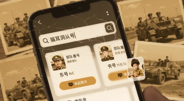 猫耳洞战友搜索界面示意图,手机屏幕显示搜索框内输入部队番号,下方列出匹配到的用户头像和简要信息卡片,卡片上有“发起聊天”按钮,背景为暖色调的回忆老照片质感,画面温暖怀旧