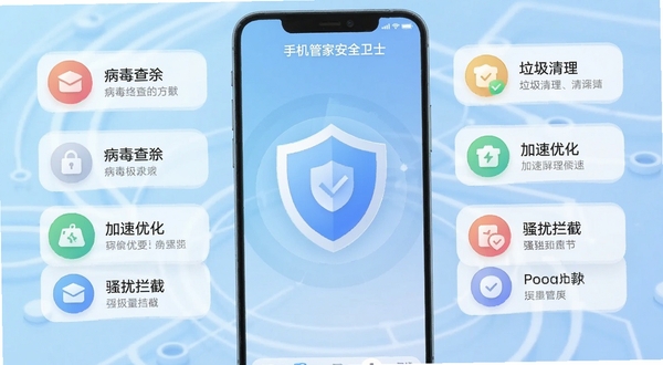 手机管家安全卫士软件主界面全貌展示,画面中央为盾牌形状的安全图标,周围环绕病毒查杀、垃圾清理、加速优化、骚扰拦截四大功能模块按钮,背景为浅蓝色科技感渐变色调,界面简洁清爽,适配Boogu模型生成