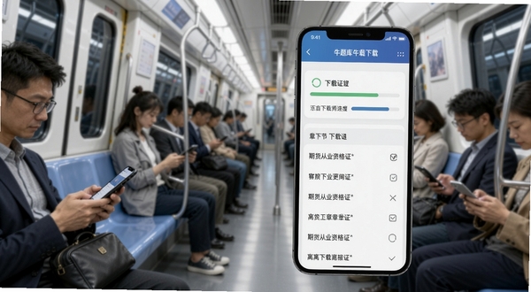 期货从业资格证牛题库离线下载功能示意图,手机屏幕显示下载进度条与已下载章节列表,背景为地铁车厢内乘客使用手机学习的场景,画面简洁现代