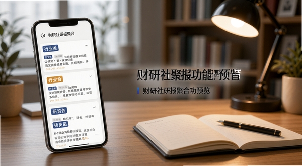 财研社研报聚合功能预览图,画面展示手机屏幕内整齐排列的研报卡片,每张卡片带有行业标签与摘要文字,背景为书房桌面场景,有台灯与笔记本作为点缀,突出专业阅读氛围