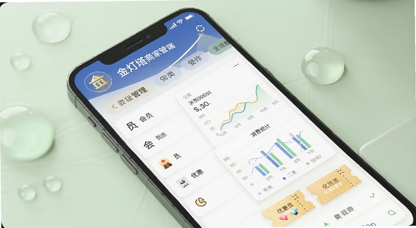 金灯塔商家端会员管理页面,手机屏幕显示会员列表与消费统计图表,画面中有标签分类和优惠券图标,背景为柔和浅绿色调,突出数据管理与营销氛围