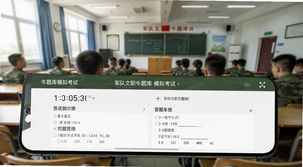 军队文职牛题库模拟考试界面，手机横屏显示考试倒计时和答题卡，背景为考场教室场景，光线明亮，突出考试氛围