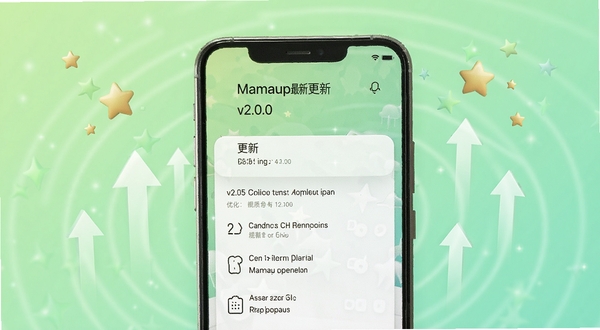 Mamaup最新版本更新界面展示，手机屏幕显示版本号v2.0.0与更新日志列表，背景为浅绿色渐变，周围有上升箭头和星星点缀，突出升级与优化氛围，画面简洁清晰