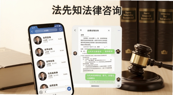 法先知法律咨询在线律师咨询界面,画面展示手机屏幕内律师头像列表与聊天对话框,对话框内显示合同文件与法律条文引用,背景为暖白色调,周围环绕法律书籍与法槌剪影,画面顶部标注法先知法律咨询字样,整体氛围专业可靠,适配Boogu模型生成