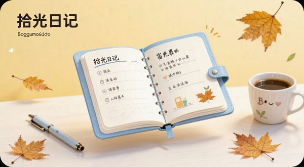 软件名称拾光日记主界面展示，画面主体为一本打开的浅蓝色数字日记本悬浮在桌面中央，背景是柔和的暖黄色渐变，周围散落着手写笔、咖啡杯和几片秋叶，整体风格清新治愈，适配Boogu模型生成