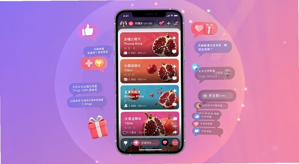 石榴直播软件主界面展示,画面中央是手机屏幕模型,屏幕内呈现色彩鲜艳的直播间列表,背景区域是柔和的渐变紫色与粉色光晕,周围漂浮着点赞、礼物、弹幕气泡等互动元素,整体风格年轻时尚,适配Boogu模型生成