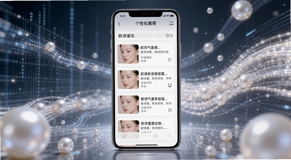 欧诗漫头条个性化推荐界面,画面中心为手机屏幕展示根据肤质定制的资讯列表,背景为抽象的数据流与珍珠光泽线条,体现智能科技与美妆的结合