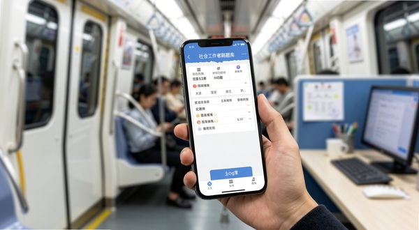 社会工作者刷题库移动端使用场景,画面主体为一只手拿着手机显示答题界面,背景为地铁车厢或办公室工位,虚化处理,突出手机屏幕内容,整体光线明亮,适配Boogu模型生成