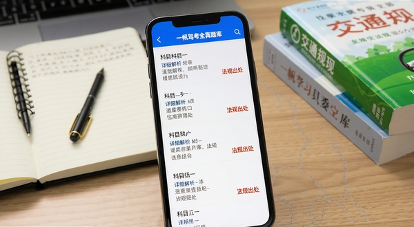 一帆驾考全真题库界面，手机屏幕展示科目一题目列表，每道题带有详细解析和法规出处标注，背景为驾考学习桌面，有笔记本和交通法规书籍点缀，风格写实清新