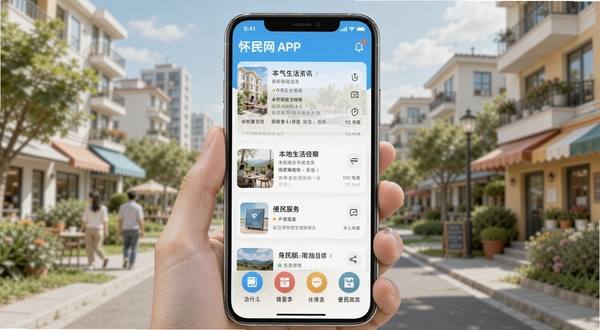怀民网APP主界面展示，手机屏幕中呈现本地生活资讯列表与便民服务图标，背景为城市社区场景，色彩明亮清新，适配Boogu模型生成