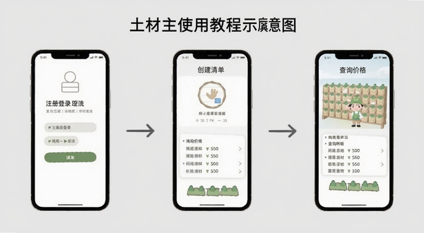 土材主使用教程示意图,画面展示手机屏幕分步骤操作流程,包括注册登录、创建清单、查询价格三个场景,背景为浅灰色,风格简洁明了,适合新手用户参考