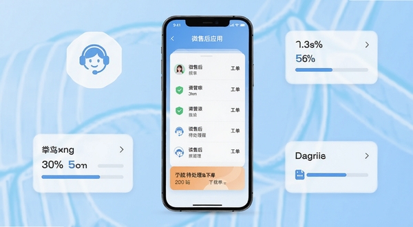 微售后应用主界面展示，手机屏幕中央显示工单列表与待处理提醒，背景为简洁的浅蓝色渐变，周围环绕客服图标与进度条元素，整体风格清爽专业，适合软件下载站展示