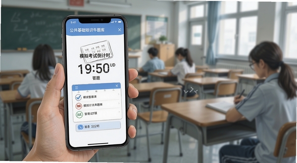 公共基础知识牛题库 模拟考试倒计时界面展示,手机屏幕显示考试计时器和答题卡,背景是安静的考场环境,风格为写实插画