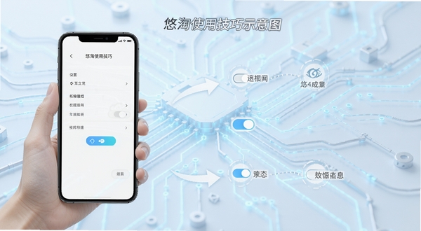 悠淘使用技巧示意图,手机屏幕展示设置菜单与权限开关,背景为淡蓝色科技感线条,画面简洁直观,突出操作指引