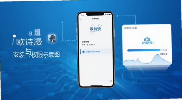 欧诗漫头条安装与权限设置示意图,画面主体为手机屏幕显示权限管理界面与安装进度条,背景为简洁的科技蓝渐变,风格清晰直观
