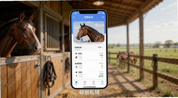 碎银私域 官方软件主界面展示图,画面中央为手机屏幕内显示的碎银私域应用首页,包含马匹头像卡片与骑乘数据面板,背景为温暖马厩与草原虚化场景,柔和自然光,高清写实风格,画面底部有碎银私域文字水印
