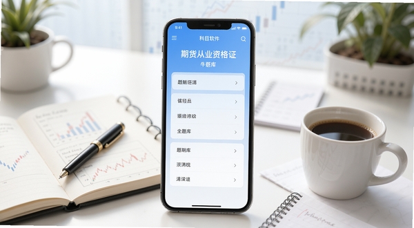 期货从业资格证牛题库软件主界面展示,手机屏幕中央显示题库科目选择页面,背景为淡蓝色渐变学习场景,桌面摆放笔记本与咖啡杯,画面清晰明亮,突出备考氛围