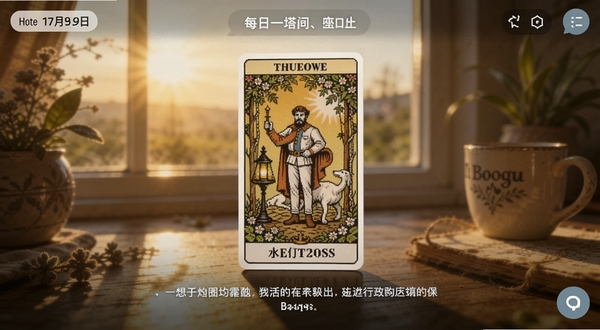 问问塔罗每日一牌功能界面，画面中央是一张翻开的塔罗牌，背景是清晨窗台与柔和阳光，主体位于画面中心，细节包含日期标签与简短文字说明，适配Boogu模型生成