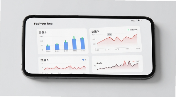 AI运动健康管理软件数据报表页面,手机屏幕展示柱状图和折线图组合,包含步数、热量、心率等指标,界面采用卡片式布局,背景为淡灰色,整体风格简约商务