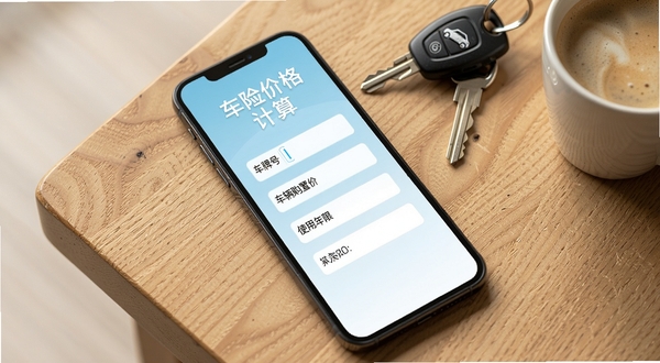 一部智能手机屏幕显示车险价格计算应用的主界面，界面中央是车辆信息输入表单，包含车牌号、车辆购置价、使用年限等字段，背景为淡蓝色渐变，顶部有车险价格计算字样，整体风格简洁清爽，手机放置在木质桌面上，旁边有一把车钥匙和一杯咖啡，采用俯视45度角拍摄，光线柔和自然