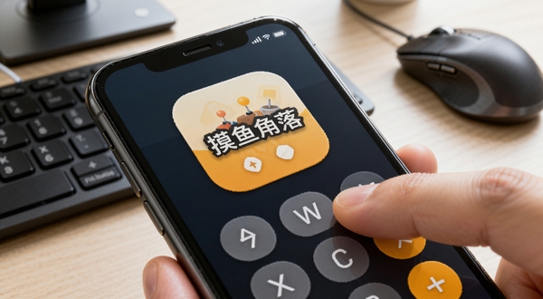 摸鱼角落 应用图标 伪装成计算器界面 手机屏幕特写 手指正在点击屏幕 背景是办公桌 键盘和鼠标 光线明亮 风格写实 突出隐蔽性 高清画质