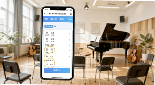 湖北音协考级在线报名流程界面,手机屏幕显示专业选择列表和准考证生成页面,背景为音乐教室场景,明亮清新风格