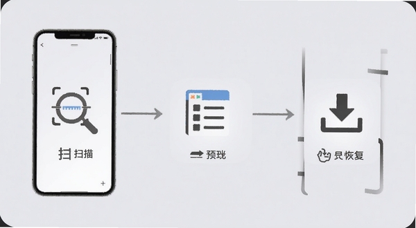 短信恢复软件操作界面流程展示，手机屏幕显示三个步骤的图标串联，分别为扫描放大镜、预览列表、恢复下载箭头，背景为柔和的浅灰色，整体风格清爽直观