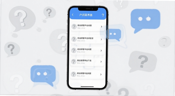 研报客用户问答界面示意图,手机屏幕显示常见问题列表,背景为浅灰色问号与对话气泡元素,风格简洁明快,适配Boogu模型生成