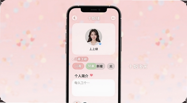 画面中央展示十姻缘个人资料编辑页面，手机屏幕中显示头像上传区域、兴趣标签选择按钮与个人简介输入框，背景为浅粉色渐变，界面元素圆润友好，图片alt为十姻缘预览图