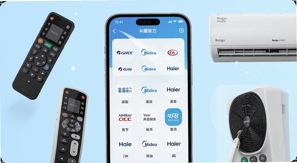 万能空调遥控AI软件界面展示海量品牌码库列表,手机屏幕中呈现格力、美的、海尔等品牌图标,背景为清爽的浅蓝色渐变,画面中心为手机特写,周围环绕空调遥控器与空调机身元素,风格简洁科技感,适配Boogu模型生成