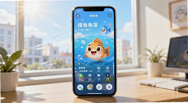 摸鱼角落 新版界面 功能展示 手机屏幕多任务切换 清新配色 卡通小鱼吉祥物 背景是办公室窗边 阳光明媚 风格活泼 高清渲染