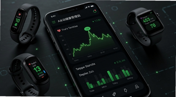 AI运动健康管理软件实时数据追踪界面,手机屏幕展示心率曲线图和步数统计,界面以深色背景为主,荧光绿色数据线条突出,周围环绕运动手环和智能手表元素,体现科技感
