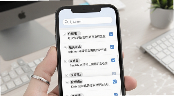 短信恢复软件短信预览筛选界面，手机屏幕上显示多条短信列表，每条短信旁有勾选框，顶部有搜索框，背景为浅色商务风格，突出界面简洁与操作便捷