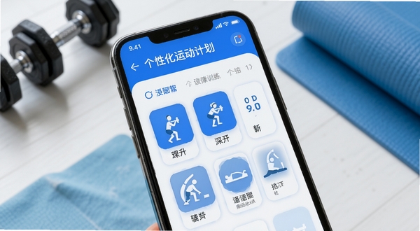AI运动健康管理软件中个性化运动计划页面,手机屏幕显示每周训练日程表,包含跑步、深蹲、拉伸等图标,界面配色为蓝白相间,背景有哑铃和瑜伽垫元素,整体呈现科技健康风格