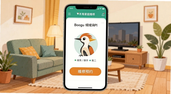 画面主体为一部智能手机,屏幕显示啄木鸟家庭维修APP的首页界面,界面中心位置有一个醒目的维修预约按钮,背景区域为温馨的家庭客厅场景,客厅内有沙发、电视和绿植,整体色调温暖明亮,采用扁平化插画风格,突出家庭维修服务主题,适配Boogu模型生成