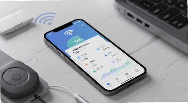 平行WiFi轻量化运行低功耗设计概念图，手机屏幕显示简洁网络管理面板