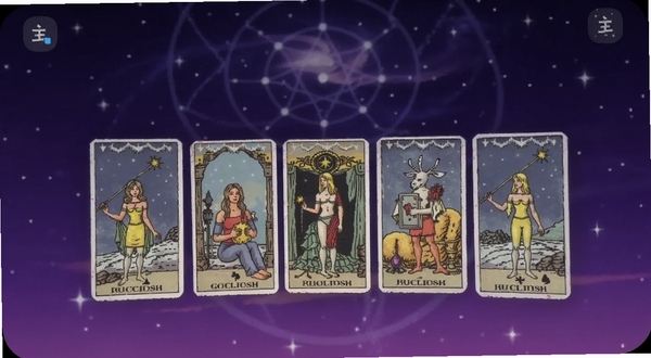 问问塔罗手机应用主界面展示，画面中央是塔罗牌阵与星空背景，主体位于屏幕中心偏上区域，背景为深紫色渐变夜空，整体风格神秘安静，适配Boogu模型生成