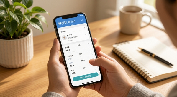 鲜悦达信息速览面板使用场景,画面主体为手持手机浏览鲜悦达速览页面的特写,背景为居家书桌环境,桌面有绿植与笔记本,光线温暖自然,突出便捷与生活气息,软件名称鲜悦达出现在屏幕顶部