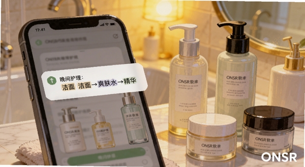 ONSR软件内护肤流程提醒界面截图风格插画，画面中一部手机弹出提醒通知，通知内容显示“晚间护理：洁面→爽肤水→精华”，手机旁边散落着护肤品瓶罐，背景是暖色调的浴室灯光，画面右下角有ONSR水印，整体细节丰富，适合Boogu模型生成