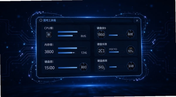 图吧工具箱硬件概览面板悬浮在深蓝色科技感背景之上，面板内清晰展示CPU、内存、显卡、硬盘等参数条目，周围环绕着发光的电路纹理，画面中心为主体面板，背景为渐变的暗色空间，风格简洁具有科技感