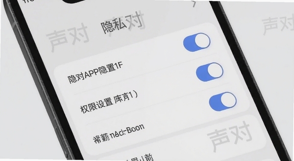 声对APP隐私设置页面,手机屏幕显示权限开关列表,背景为浅灰色,界面简洁,有“声对”水印标识,整体风格清爽商务,适配Boogu模型生成