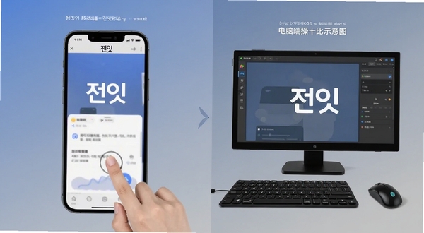 移动端与电脑端操作对比示意图,左侧为手机触控界面,右侧为模拟器鼠标操作界面,软件名称出现在两侧屏幕中,背景为简洁的蓝灰渐变,突出跨端使用场景