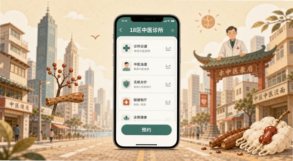 18区中医诊所应用主界面展示,画面中央为手机屏幕,屏幕内呈现简洁的诊所列表与预约按钮,背景为香港城市街景与中医元素融合的插画风格,色调温暖柔和,突出医疗健康主题