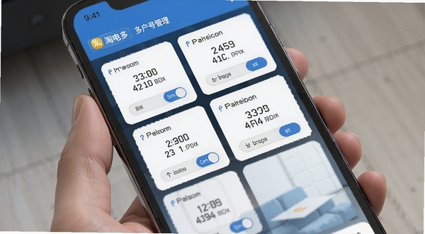 淘电多 多户号管理界面 手机屏幕显示多个电表账户卡片 带有切换按钮 干净整洁的UI