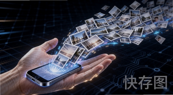 快存图极速保存引擎概念图，画面主体为一只发光的手掌托起无数张照片，照片如流水般汇入手机图标中，背景为深色科技网格，突出速度感与科技感，软件名称快存图以半透明水印形式出现在右下角