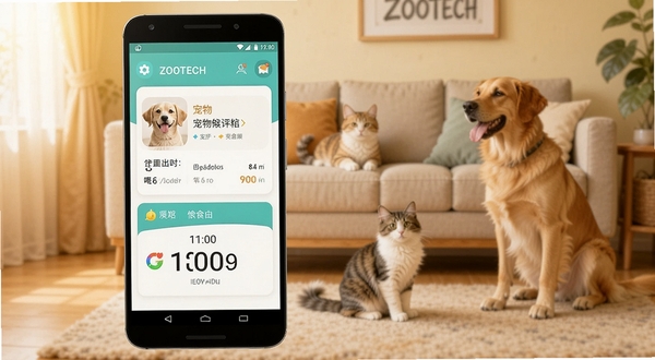 ZOOTECH应用主界面展示，画面中央偏左位置放置一部竖向摆放的安卓手机，屏幕内显示宠物健康档案卡片与喂食倒计时模块，背景区域为暖色调客厅环境，有猫和狗在远处模糊轮廓，整体风格温馨明亮，扁平化UI设计，高清细节，适合应用商店宣传图