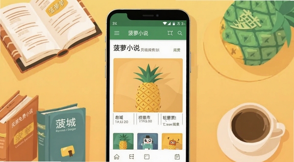 菠萝免费小说 安卓手机阅读界面 书城首页展示 暖色调背景 手机屏幕居中 周围点缀书本与咖啡杯元素 扁平插画风格 高清预览图
