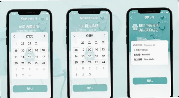 18区中医诊所在线预约挂号操作流程截图,画面展示手机界面从选择诊所到确认预约成功的三个步骤,包含日期选择器与确认按钮,背景为淡雅的医疗蓝绿色调